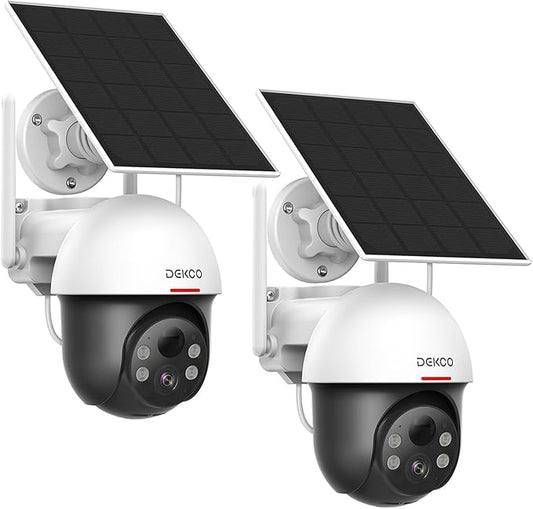 DEKCO Security Cameras Wireless Outdoor, Solar Powered, Panoramic PTZ, Auto Motion Tracking, True 2K, Color Night Vision, Spotlights, 2-Way Talk, 2 Pack