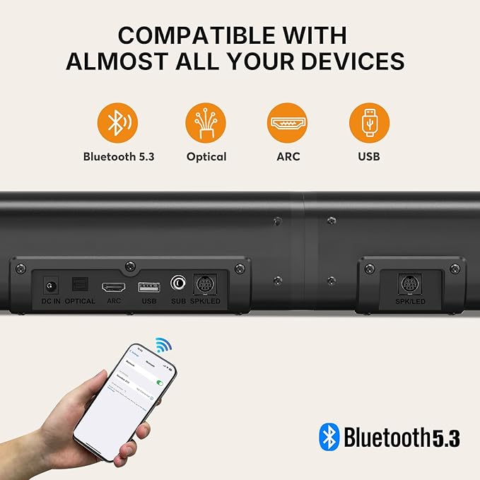 Wohome 2 in 1 Detachable Sound bar with Subwoofers, 4.1 Channel Bluetooth Sound Bar for Smart TV, Home Theater Surround Sound System, Optical,HDMI-ARC, USB Input, Bass Adjust, Remote/Button Control
