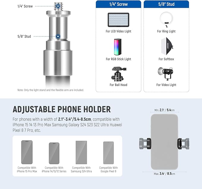 NEEWER 71" Phone Tripod Stand with Reversible Legs Flexible Arm 360° Ball Head Phone Holder & Remote, Portable Photography Light Stand Compatible with iPhone 16 15 Pro Max for Video Recording, TS06