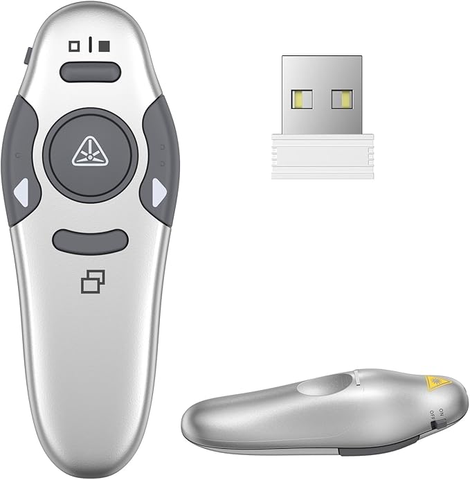QUI Presentation Clicker Wireless Presenter Remote Clicker for PowerPoint Presentation Remote, PowerPoint Slide Advancer for Mac/Windows/Linux, Google Slide/PPT/Keynote, USB, Silver