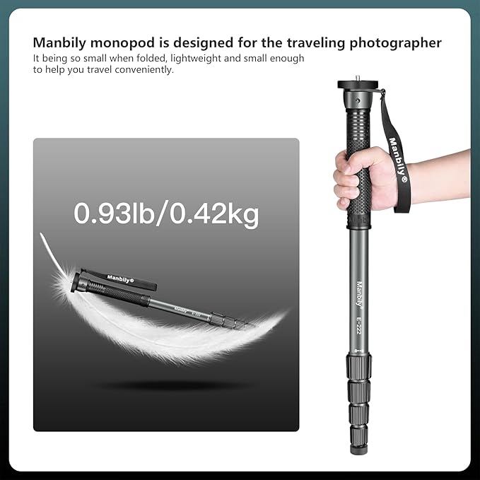 Manbily 65-Inch Camera Monopod, 5 Sections Aluminum Travel Monopod for Canon Nikon Sony DSLR Cameras Video Camcorder, Compact Portable Lightweight（E-222） (Gray)