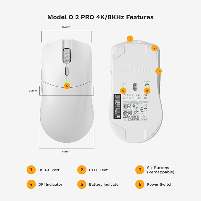 Glorious Gaming Model O 2 PRO 4K/8K White Wireless Gaming Mouse - 2.4GHz Wireless 1ms delay, 4K/8K Polling, 100M clicks, 59g Ultralight, Long Battery Life, 26K DPI BAMF 2.0 Sensor, 6 Buttons