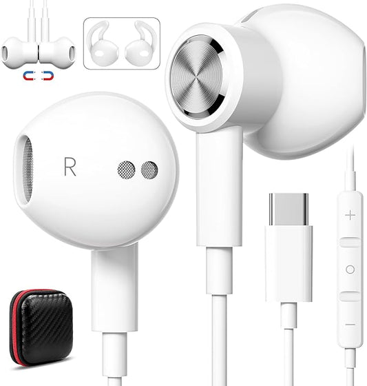 USB C Headphones with Mic for iPhone 17 Pro Max 16e 16 15, Wired Headphones Earbuds, HiFi Magnetic Type C Headphone Sport Earphone for iPad Pro Air Samsung Flip Fold Galaxy S25 S24 S23 OnePlus 13 12