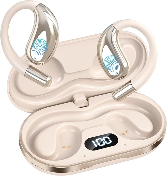 Open Ear Clip Wireless Earbuds Bone Conduction Headphones, Bluetooth 5.4,Open Ear Design,Built-in Mic, IPX5 Waterproof,LED Display Charging Case,Ear Hooks Ear Buds Design for Running Fitness ,Khaki﻿ ﻿