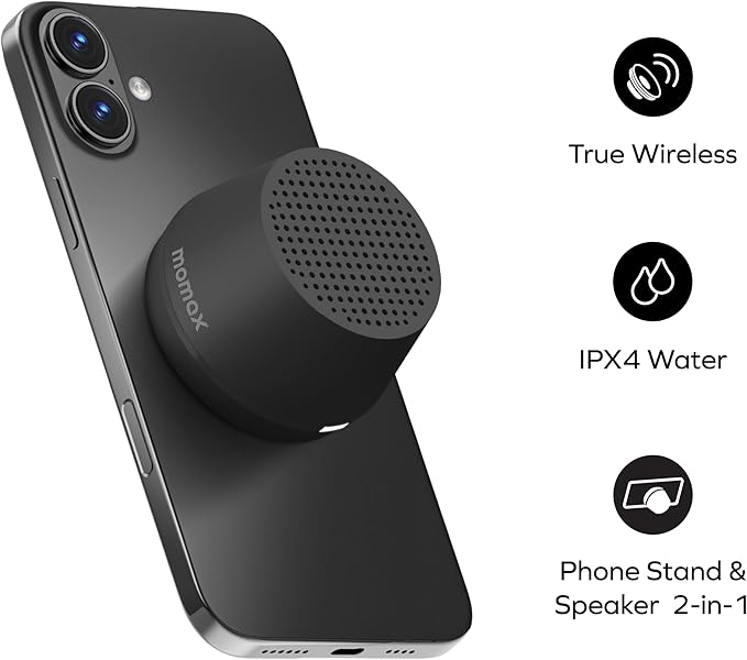 MOMAX Mini Portable Bluetooth Speaker - Magnetic Waterproof Speaker with Balanced Sound, 12H Playtime, Indoor Speaker True Wireless Stereo Pairing for Home, Bedroom, Bathroom, Gift Ideas, Black