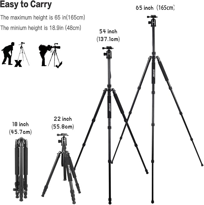 ZOMEI Tripod,Camera Tripod,Lightweight Camera Travel Z818 Tripod Aluminium Alloy Monopod with 360 Panorama Ball Head Quick Release Plate Ball for DSLR Canon Sony Nikon Cameras(Black)
