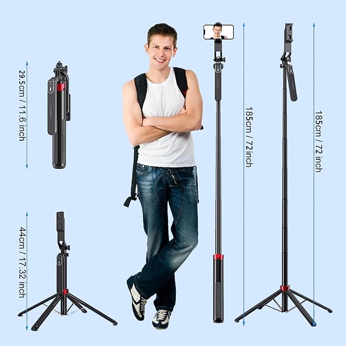 72" Cell Phone Selfie Stick Tripod,Smartphone Stand All-in-1 with Remote,Portable,Lightweight,Extendable for iPhone, Video Recording,Camera,Vlogging, Live Streaming,Black Aluminum