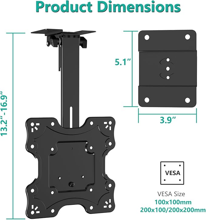 WALI Folding Ceiling TV Mount, Swivel and Flip Down TV Bracket for 17 to 42 inch Flat Screens up to 44 Lbs, Under Cabinet Mounting Saving Space Max Mounting Holes 200x200mm(FCM202), Black