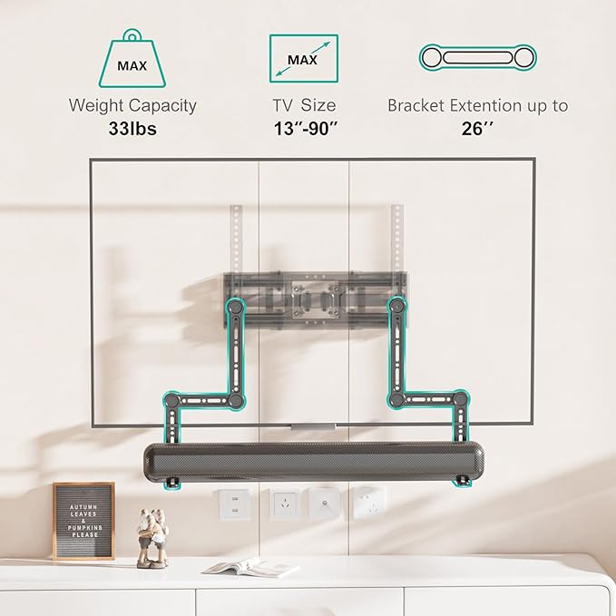 WALI Universal Soundbar Mount for TV, Heavy-Duty Bracket for Mounting Above or Below Screen, Holds Up to 33 lbs, Fits Samsung, Sony， Bose，LG，Vizio，Roku,Vizio,Bose & More (SBR206)