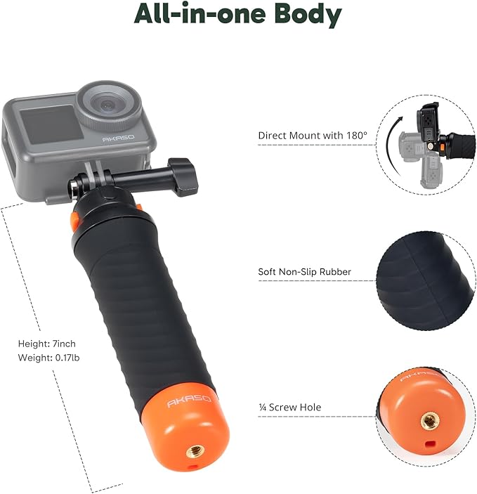 AKASO Waterproof Floating Hand Grip Action Camera Accessories for Gopro Hero 13/12/11/10/ 9/Max/DJI Osmo Action EK7000/Brave 4/Brave 7 LE/Brave 7 Action Camera Handle Mountfor Water Sports
