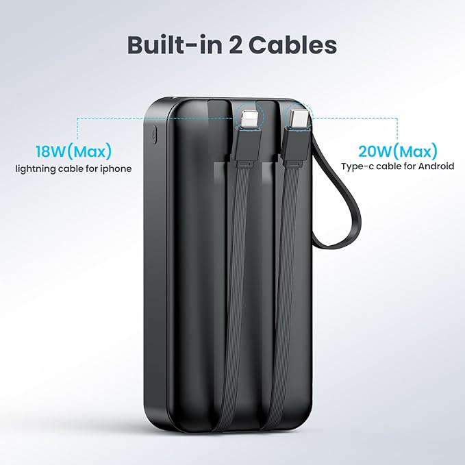Portable Charger 50000mAh Power Bank with 2 Built-in Cable,22.5W Fast Charging External Battery Pack,LED Display USB-C Portable Cell Phone Charger for iPhone 16/15/14/13 Pro,Android,Samsung Galaxy,Etc
