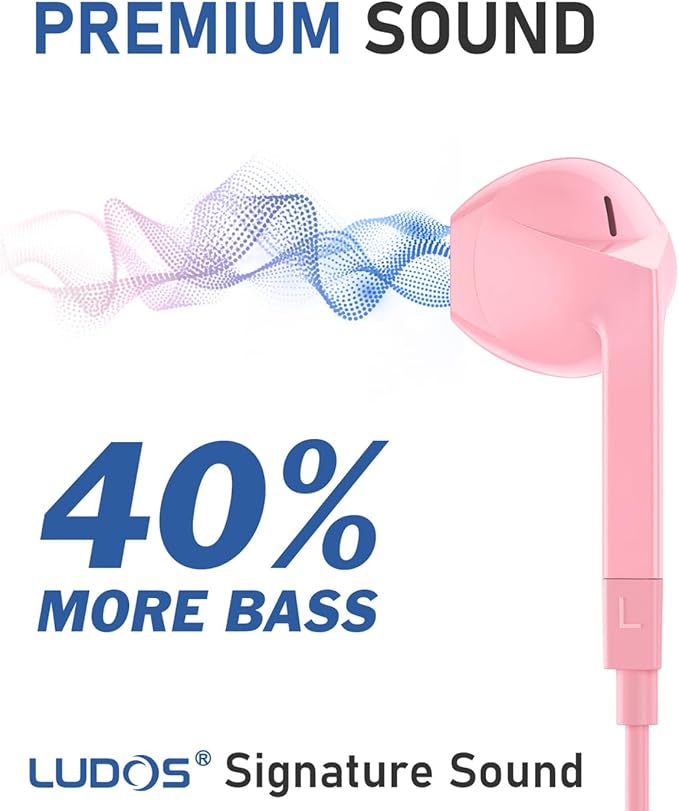 LUDOS FEROX USB C Headphones for iPhone 16 15 Pro Max Plus iPad Pro, 5 Years Warranty, USB-C Earbuds for Samsung Galaxy S24 S23 Ultra S22 S21 S20 A55 A54 A53, USB Type C Earphones - Pink