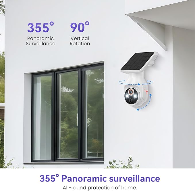 1080P Solar Security Cameras Wireless Outdoor, 360° View Pan/Tilt, Color Night Vision, Easy to Install, Real-Time Alerts, 2-Way Audio, Cloud Storage (Sold Separately), 2.4Ghz Wi-Fi Only