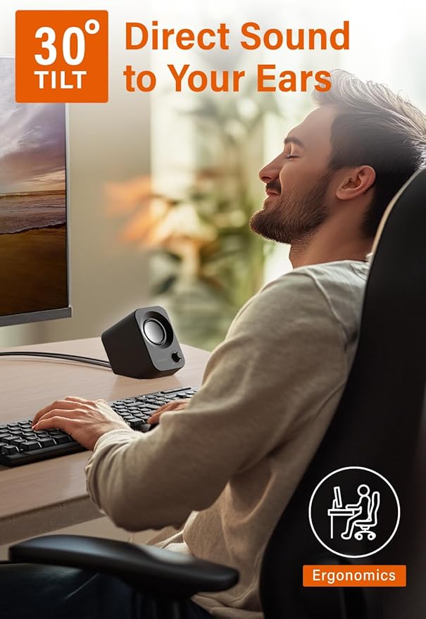 Speaker - 14W Stereo PC Speakers, USB Powered, Compact Size with 30° Tilt Design, Volume Dial Control, for Desktop, Laptop, Monitor, Gaming Consoles, Black