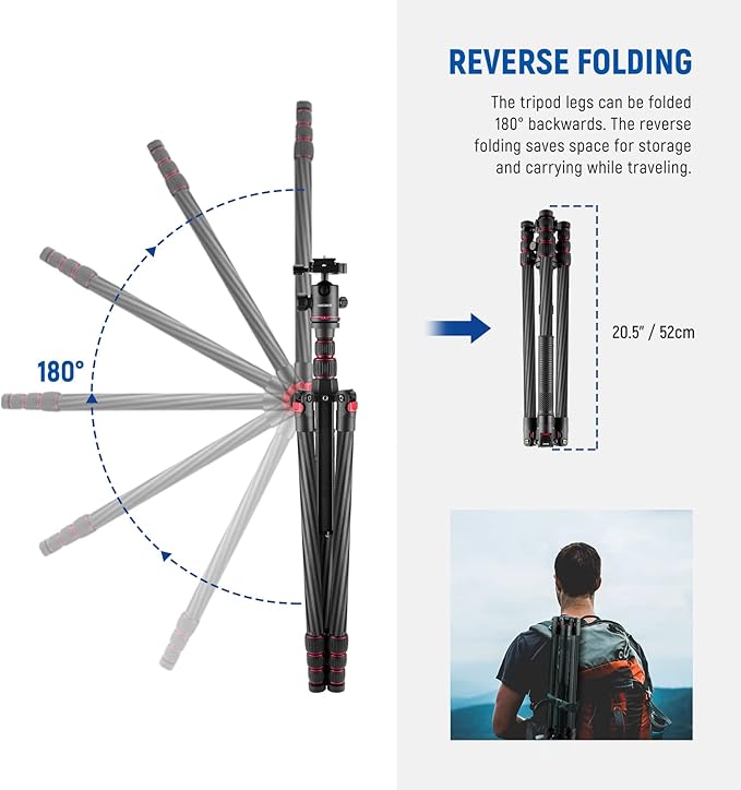 NEEWER Upgraded 80.7" Carbon Fiber Camera Tripod Monopod with Telescopic 2 Section Center Axes, 360° Panorama Ballhead, 1/4" Arca Type QR Plate, Travel Tripod with ø28mm Column, Max Load 26.5lb, N55CR