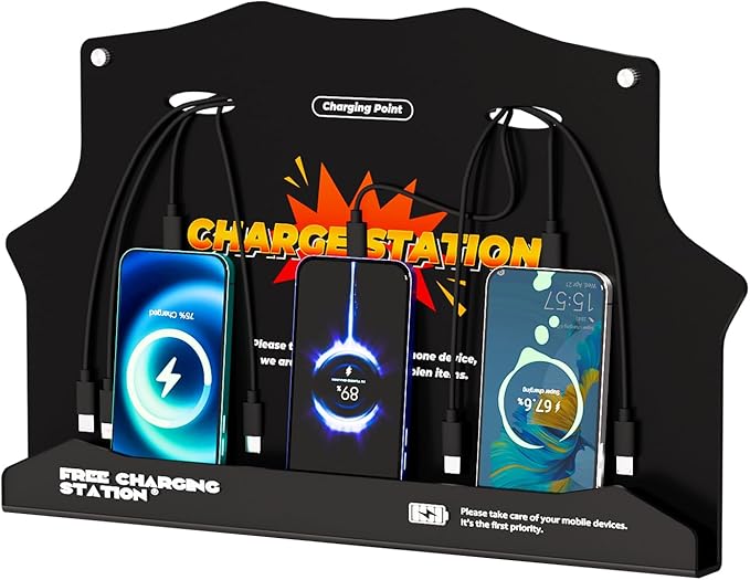 Wall Mounted Cell Phone Charging Station with 8-Port High-Speed Cables – Universal Dock for Apple, Type-C & Android Devices – Ideal for Airports, Hotels, Malls, Offices, Schools (Black)