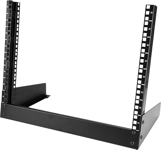 StarTech.com 2-Post 8U Desktop Server Rack, Small Open Frame 19in Computer Rack, Compact Network Rack for AV / Studio / Data / IT Equipment, Free Standing Two-Post Home/Office Rack , TAA (RK8OD)