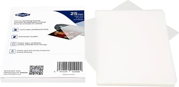 SINCHI Thermal Laminating Pouch, 10 mil per Side, 9x14.5-Inches Legal Size, 25pcs Pack, Ultra Clear & Sturdy Laminating Sheets