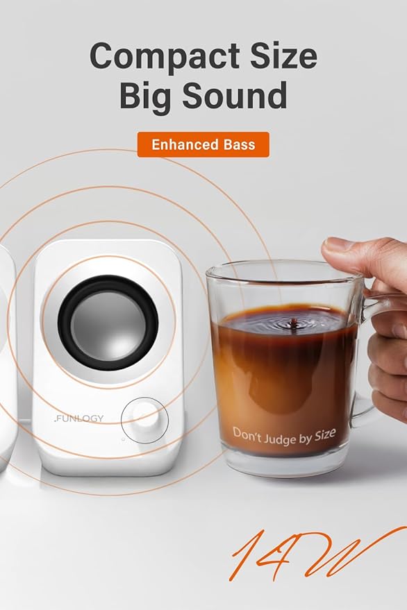 Speaker - 14W Stereo PC Speakers, USB Powered, Compact Size with 30° Tilt Design, Volume Dial Control, for Desktop, Laptop, Monitor, Gaming Consoles, White