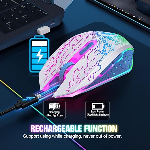 VersionTECH. Wireless Gaming Mouse, Rechargeable Computer Mouse Mice with Colorful LED Lights, Silent Click, 2.4G USB Nano Receiver, 3 Level DPI for PC Gamer Laptop Desktop Chromebook Mac-White