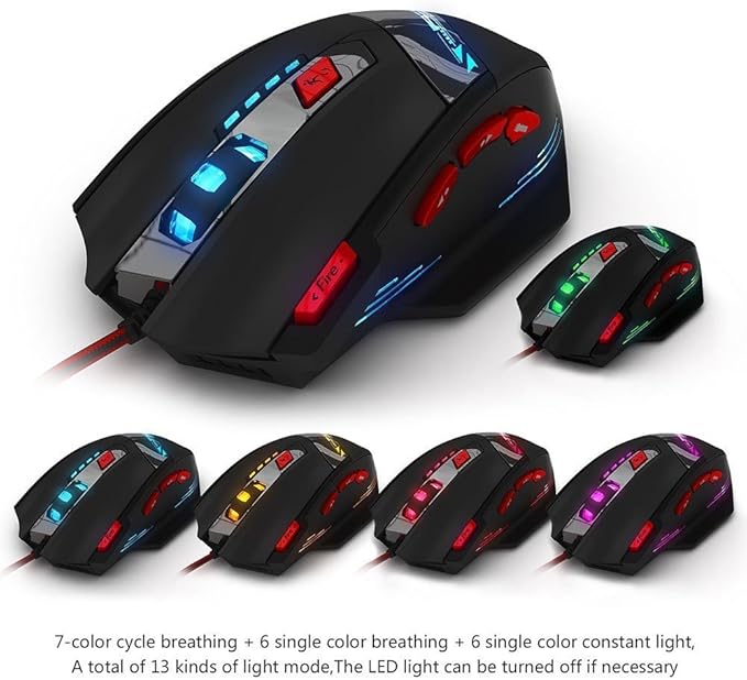 zelotes RGB Optical Gaming Mouse with Rapid Fire Button,9200 DPI (6-Level Adjustable), 8 Programmable Buttons,Adjustable Weights,USB Wired Ergonomic Mouse for Office/Gaming/Laptop/PC (Black)