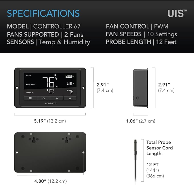 AC Infinity Controller 67, Smart Bluetooth Fan Controller with Temperature, Humidity, Schedules, Grow Cycles, Dynamic Speed Programming for CLOUDLINE Airlift Fans Cooling and Ventilation