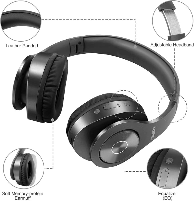 TUINYO Bluetooth Headphones Wireless, Over Ear Stereo Wireles Headset 40H Playtime with deep bass, Soft Memory-Protein Earmuffs, Built-in Mic Wired Mode PC/Cell Phones/TV-Dark Grey …