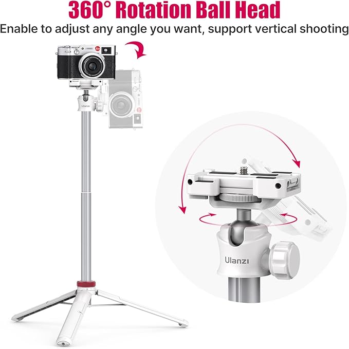 ULANZI MT-44 Extendable Phone Tripod, 59" Selfie Stick Portable Vlog Tripod Stand with 2 in 1 Phone Clip 1/4" Screw, 360° Ball Head Camera Tripod for DJI Pocket Sony Canon Action Fujifilm, White