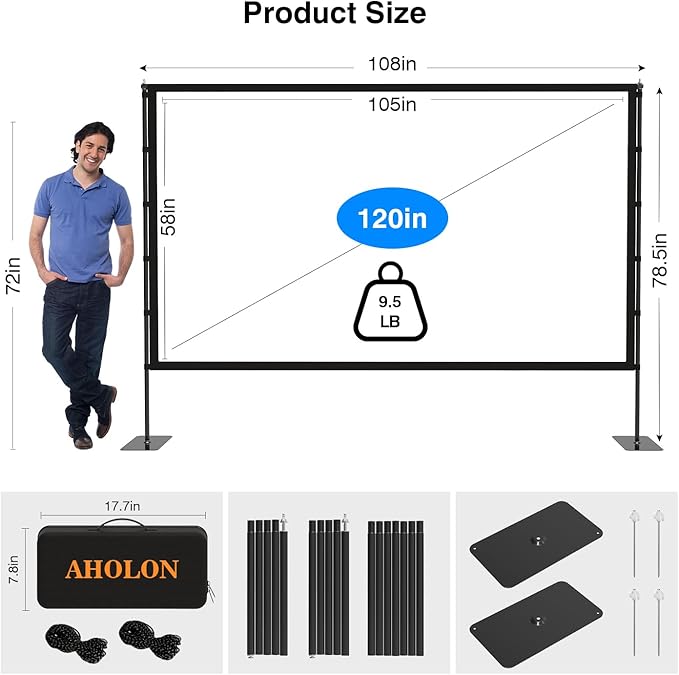 Outdoor Projector Screen with Stand - 120 inch Portable Projector Screens Indoor Outdoor Projector Screen 16:9 4K HD Outdoor Movie Screen with Carry Bag,Enioy Home Theater Projection Screen.