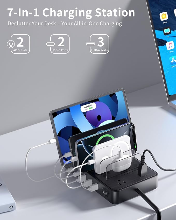 85W Charging Station for Multiple Devices, 7-in-1 Power Strip with 2 AC, 2 USB C, 3 USB A, USB C Charging Hub for MacBook, iPhone, Android & More, USB Desk Charger, Black