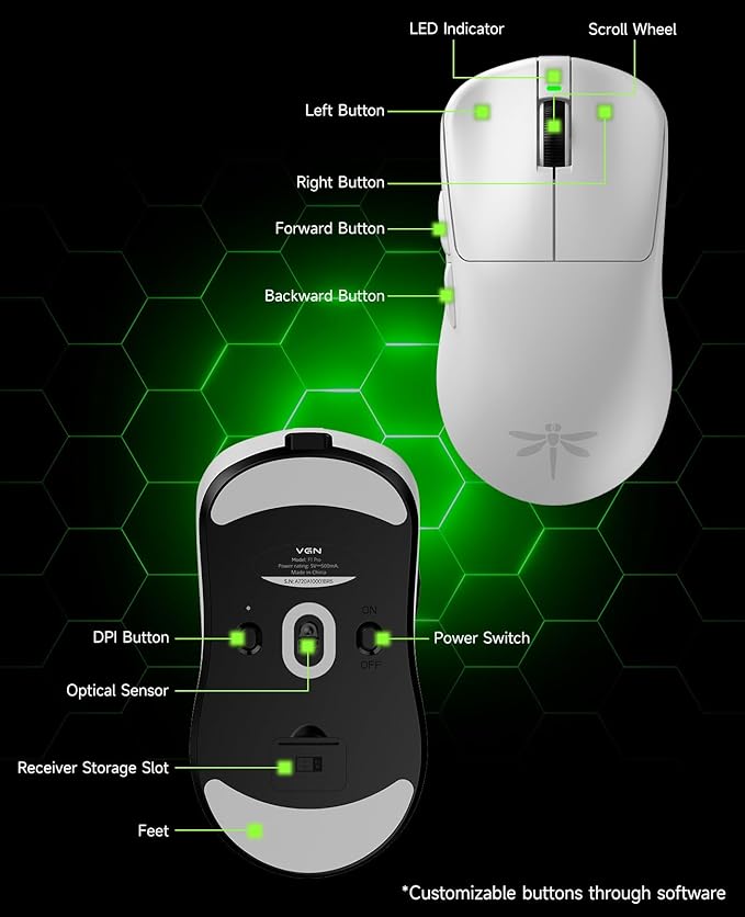 VGN F1 PRO Wireless Gaming Mouse - Ultralight 49g - Wireless & Wired Mode - 26000 Adjustable DPI - 1000Hz Polling Rate - 65 Hours Battery - Programmable Buttons - Esports Professional Grade - USB-C