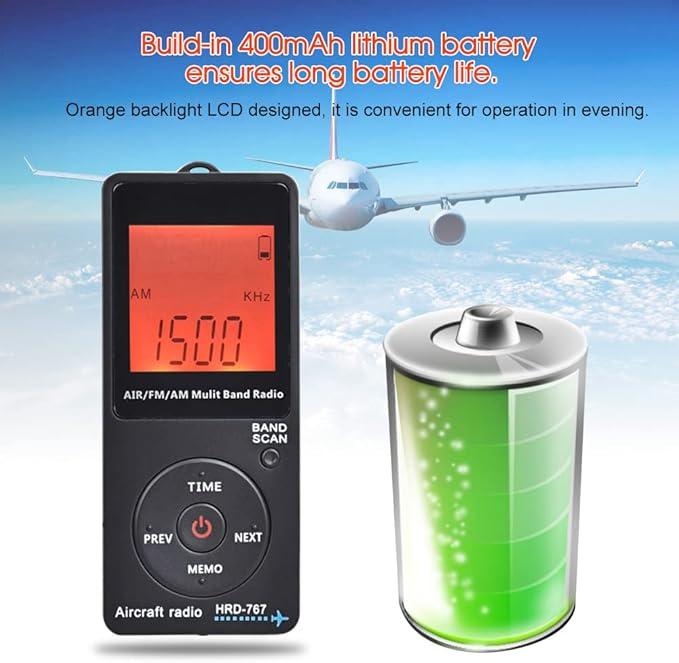 Aircraft Band Radio Receiver, Hand-held AM FM Portable FM/AM/AIR Band Radio with Backlit LCD Display, Earphone and Sleep Timer, Built‑in 400mAh Lithium Battery
