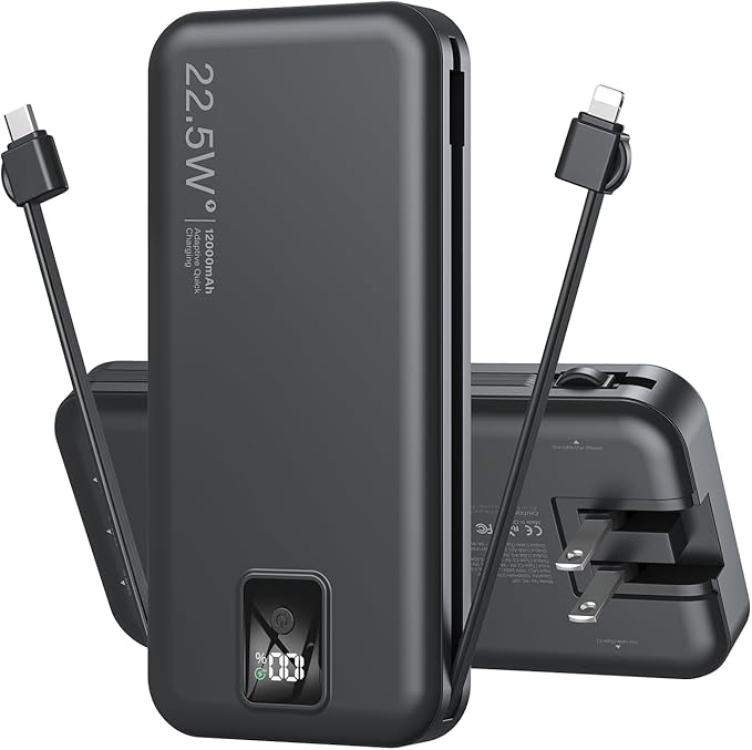 Portable Charger Built-in Cables and AC Wall Plug, 12000mAh power Bank, USB C 22.5W Fast charging Phone Charger ,Compact Lightweight External Battery Pack for iPhones, iPad, Samsung，Tablets, etc.