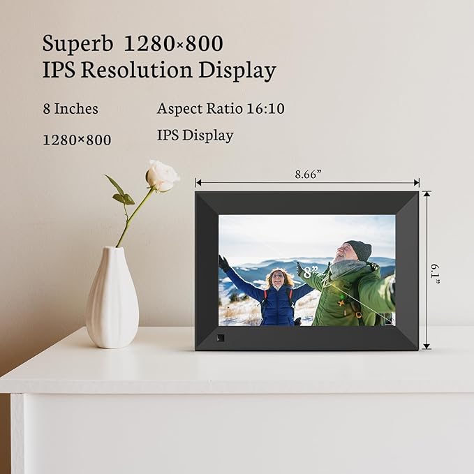BSIMB 8 Inch Digital Picture Frame Touch Screen, 1280x800 HD WiFi Electronic Photo Frame 16GB, Share Pictures/Videos via App/USB/SD Easy Setup Gifts for Mom, Auto-Rotate, Dark Black
