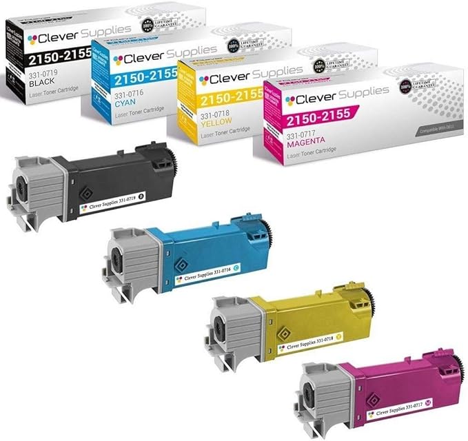 CS Replacement Toner Cartridge Compatible with Dell 2150 331-0719 Black 331-0716 Cyan 331-0718 Yellow 331-0717 Magenta 2155 2155cdn 2155cn 2150 2150cdn 2150cn 4 Color Set