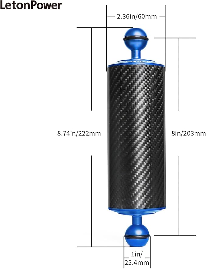 Blue 8" Carbon Fiber Underwater Float Arm (2-Pack) - Ultralight Dual 1" Ball Buoyancy System for Diving Tray Video Lights & Strobes