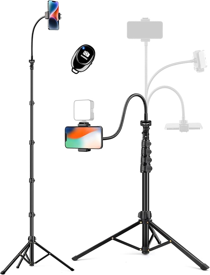 Phone Tripod Stand, 84" Tall Flexible Cellphone Tripod for iPhone with Gooseneck Remote, Portable Phone Stand for Recording, Compatible with iPhone 14 13 12 pro Android Camera