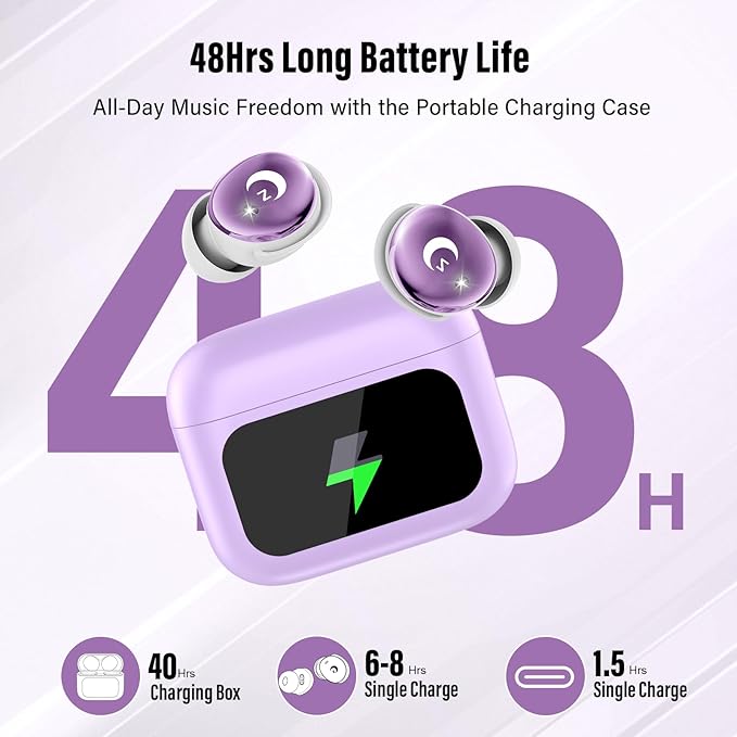Sleep Earbuds Bluetooth 5.4 Smart Touch Screen in Ear Ear Buds, 48H Mini Sleep Headphones Small Design for Side Sleepers, Clear Calls, 5 EQ Modes, IPX7 Waterproof Earphones, Light Purple Earbuds