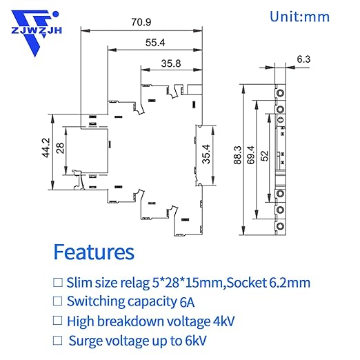 3 Pcs Miniature 5 Volt DC Relay HF41F/5-ZS 5 Pin 1NO 1NC 6A SPDT with LED Indicator, Socket Base and DIN Rail Module