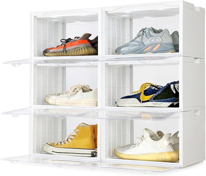 SupBro Led Collection Crate - Voice Control - Easy Access Storage Shoes box, Stackable Shoe Storage with clear plastic door for sneakers (11.2 x 14.9 x 8.8 inch (6pack), White)