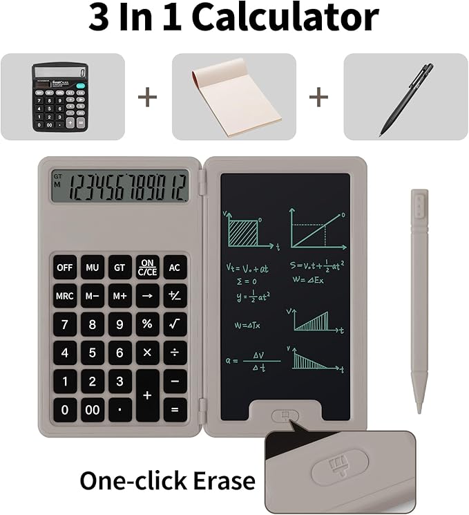 Desk Portable Basic Calculator with Notepad and Stylus, 12 Digit Large Display Multi-Function for Office, School, Home & Basic Financial (Khaki)