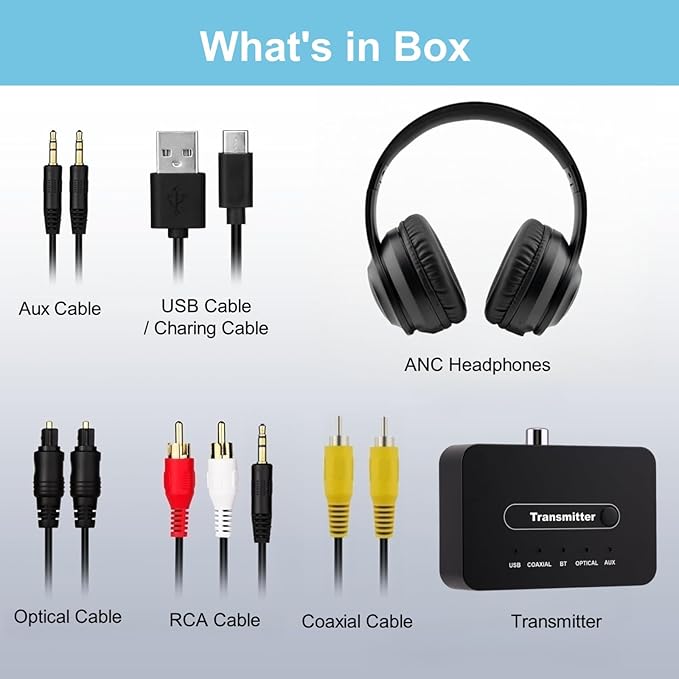 ANC Wireless Headphones for TV, Foldable Headphones for Traveling, Headset with Bluetooth Transmitter, Optical (Toslink), Coaxial, RCA, 3.5mm AUX and USB Audio Output, TV Headset Wireless for Seniors