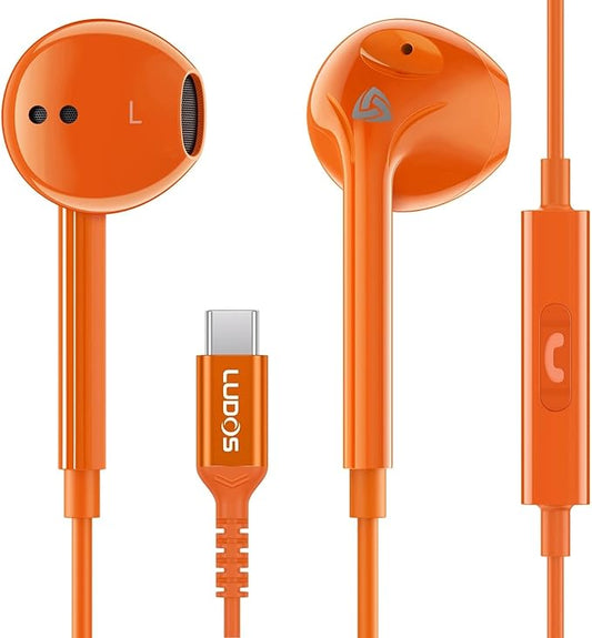 LUDOS Zenith USB C Headphones for iPhone 17 16 15 Pro Max Plus Air iPad Pro Air, 2 Years Warranty, USB-C Earbuds for Samsung Galaxy S24 S23 Ultra S22 S21 S20 A55 A54, USB Type C Earphones - Orange