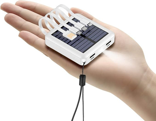 Solar Power Bank 12000mAh,Small Solar Charger Built in 4 Cables,USB C Input/Output,Dual Flashlight External Battery Portable Charger Power Bank for iPhone,Tablet,Samsung