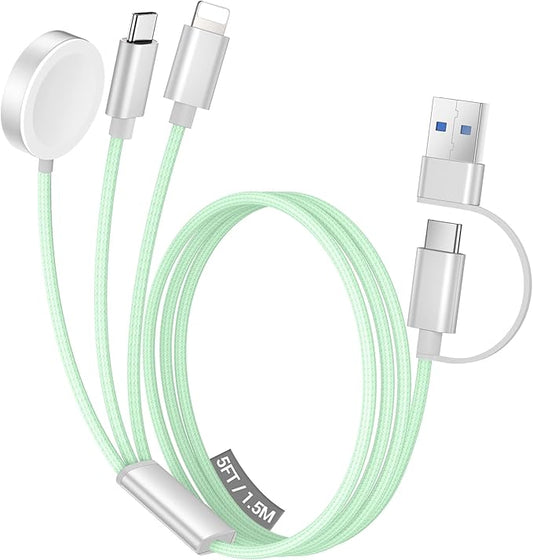 Temdan for Travel Vacation Essentials,3 in 2 USB C Cable for Apple Watch Charger/iPhone 17 Charger/Lightning,Multi Charging Cable Cord,Camping Essentials,Designed for iWatch &iPhone 16-12-5FT Green