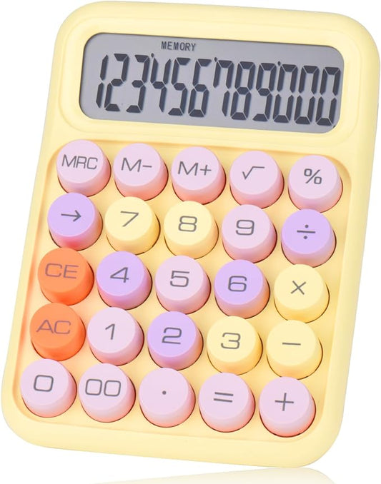 Mechanical Pushbutton Calculator,12 Digit Large LCD Display,Big Buttons Easy to Press,Colorful Candy Calculator,Automatic Sleep,with Battery.for Office,School, Home. (Yellow)