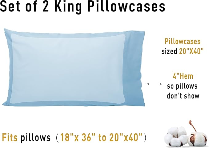 Sunflower King Pillowcases Set of 2, 100% Cotton King Pillow Cases 2, 20×40 inches Ashley Blue, Soft and Breathable