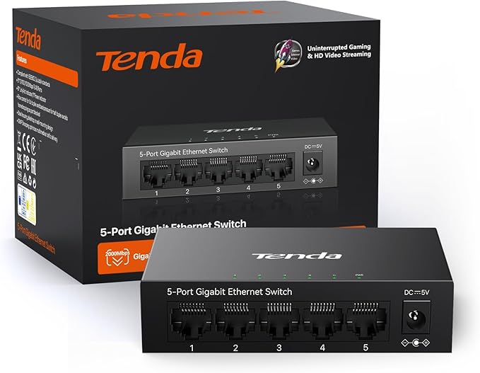 Tenda TEG1005D 5 Port Gigabit Switch, Unmanaged Ethernet Switch, Network Splitter with Traffic Optimization, Plug & Play, Fanless Metal Design Network Switch,IGMP,QoS (Black)