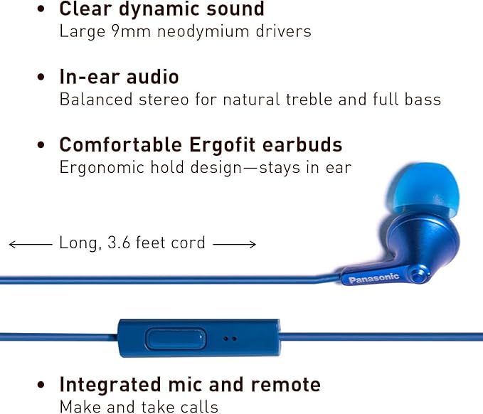 Panasonic ErgoFit Wired Earbuds with Microphone, 3.5mm Jack Headphones with Mic and Call Controller, Ergonomic Custom-Fit Earpieces (S/M/L), for Phones and Laptops - RP-TCM125-AA (Metallic Blue)
