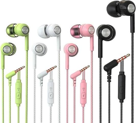YNR 4 Pairs Wired Earbuds with Microphone, in Ear Earphones with L Shape Jack, High Definition Heavy Bass, for 3.5mm Jack iPhone iPad iPod Samsung Google Devices (Black White Pink Green)